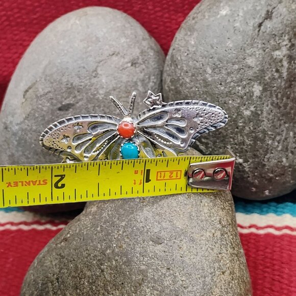 Southwest Sterling Silver Overlay Butterfly Ring Turquoise & Coral Size 8 - Picture 4 of 6